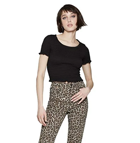 Cropped Peplum T-Shirt — scoop neck smocked (black