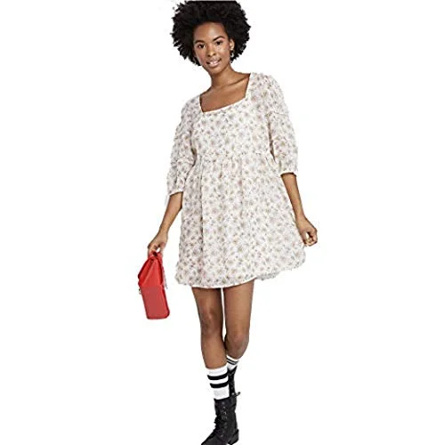 Wild Fable Women's Floral Print 3/4 Sleeve Chiffon Dress - (Small) Ivory